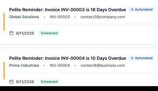 Two scheduled follow-ups in ARPilot, each showing the customer, invoice number, recipient address, send date and a Scheduled status.